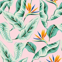 Washable wall murals Paradise tropical flower Tropical strelitzia flowers, green banana palm leaves, pink background. Vector seamless pattern. Jungle foliage illustration. Exotic plants. Summer beach floral design. Paradise nature