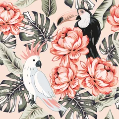 Wall murals Parrot Toucans, parrots, rose flowers, monstera palm leaves, pink background. Vector floral seamless pattern. Tropical illustration. Exotic plants, birds. Summer beach design. Paradise nature
