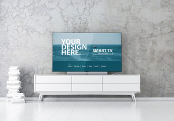 Large Smart TV Mockup on White Table in Concrete Room