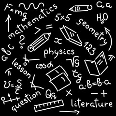 Doodle hand-drawing. Names of school subjects, formulas, books, notebooks, pencils. Background.