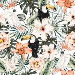 Toucans, parrots, hibiscus, orchid flowers, monstera palm leaves, white background. Vector floral seamless pattern. Tropical illustratioExotic plants, birds. Summer beach design. Paradise nature © ojardin