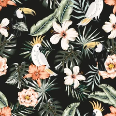 Wallpaper murals Orchidee Toucans, parrots, hibiscus, orchid flowers, monstera palm leaves, black background. Vector floral seamless pattern. Tropical illustration. Exotic plants, birds. Summer beach design. Paradise nature