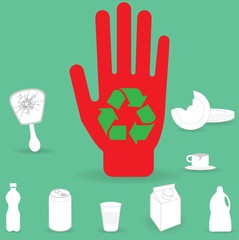 Red hand with recycling symbol on it together with broken mirror, plate and teacup, plastic bottle, aluminium can, plastic cup, milk carton