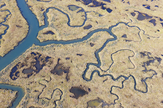 Spain, Andalusia, Punta Umbria, Marismas del Odiel, aerial view