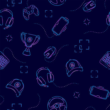 Gaming gadgets seamless pattern in deep blue, outline. Esports, pc and console games, virtual reality themes
