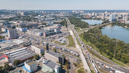 Fototapeta na wymiar There is an aerial view of traffic jam in the city