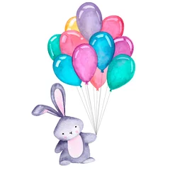 Glasschilderij Dieren met ballon Aquarel illustratie met schattig konijntje en ballonnen op de witte achtergrond. Print voor wenskaarten, uitnodigingen, kindertextiel en posters.