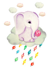 Watercolor illustration of a cute elephant on a cloud. Candy rain. Print for greeting cards, invitations, children's textiles and posters.