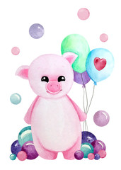 Watercolor illustration with pink pig with balloons and bubbles. Print for greeting cards, invitations, children's textiles and posters.