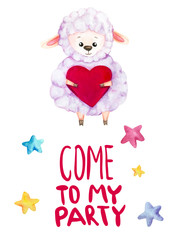 Watercolor illustration with a  cute sheep with hearts in her hands. Let's to my party lettering. Print for greeting cards, invitations, banners, baby textile and posters