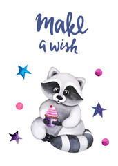 Watercolor illustration with a  cute raccoon with cupcake in his hands. Make a wish lettering. Print for greeting cards, invitations, banners, baby textile and posters