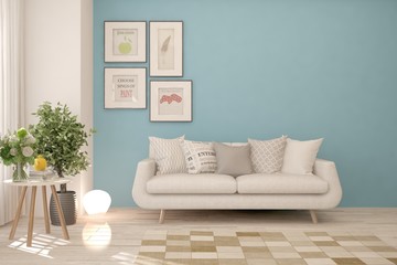 Fototapeta na wymiar Stylish room in blue color with sofa. Scandinavian interior design. 3D illustration