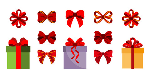 Gift Boxes. Bows. Set Icon. Vector. Flat.