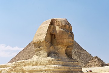 The head of the Great Sphinx of Giza, Cairo, Egypt. The Great Sphinx of Giza,  is a mythical creature with the head of a human and the body of a lion.