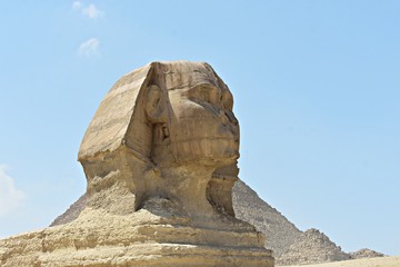 The head of the Great Sphinx of Giza, Cairo, Egypt. The Great Sphinx of Giza,  is a mythical...