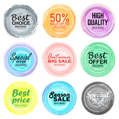 Vector set of vintage colorful labels for greeting and promotion. High quality guarantee, bestseller, best choice, sale, special offer. Banners and sticker. Multicolor painting design.