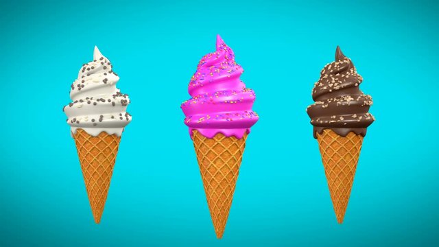 Realistic 3d model ice cream with waffle cone rotated around an axis