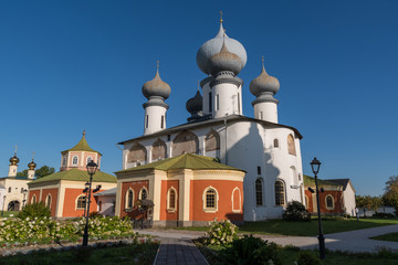 Fototapeta na wymiar Assumption Cathedral in Tikhvin Assumption (Bogorodichny Uspensky) Monastery, Tikhvin, Russia