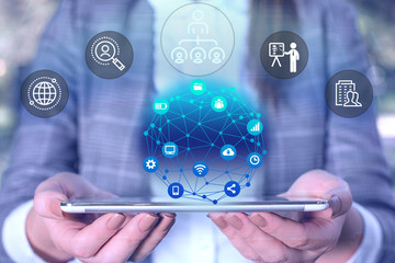 Female human wear formal work suit presenting presentation use smart device