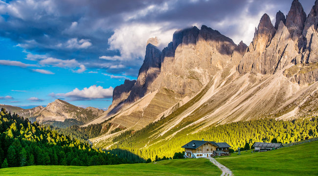 The beautiful Dolomites group of Odle in the Natural Park of Odle-Puez, Val di Funes. Bolzano, South Tyrol Italy. Artistic picture. Beauty of mountains world