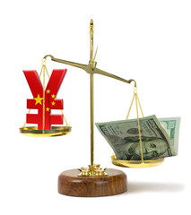 United States one hundred dollar bill on a scale outweighing a Yuan symbol on a gold scale representing a stronger US monetary currency exchange rate and gdp and a weak Chinese economy.