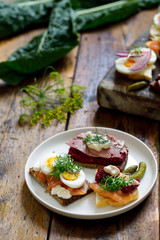 Selection of Scandinavian open sandwiches with beef, beetroot and egg