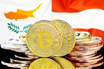 Concept for investors in cryptocurrency and Blockchain technology in the Cyprus and Austria. Bitcoins on the background of the flag Cyprus and Austria.