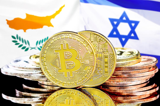 Bitcoins on Cyprus and Israel flag background
