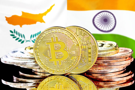 Bitcoins on Cyprus and India flag background