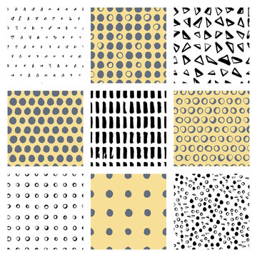 Set of 9 seamless vector patterns. Simple shapes background. Many hand drawn isolated triangles, circles, rings, dots, brushstrokes. Geometric pattern for clothes, prints, fabric, invitations, cards.