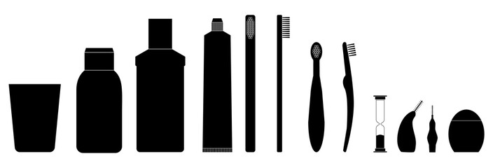 Oral hygiene icons. Dental cleaning kit. Vector set. Manual toothbrush, toothpaste, dental floss, mouthwash, toothbrush for baby, dental cleaner, orthodontic cleaner. Isolated on white background..