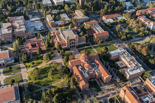 Afternoon aerial view of historic Royce Hall and campus quad buildings on the UCLA campus near Westwood on April 18, 2018 in Los Angeles, California, USA.