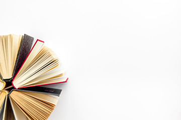 Books on library desk for reading and education on white background top view mockup