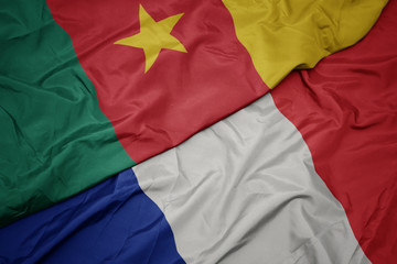 waving colorful flag of france and national flag of cameroon.