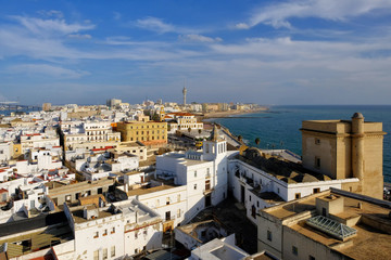 Aerial view of the old city rooftops and Cathedral de Santa Cruz in the morning from tower Tavira in Cadiz, Andalusia(Andalucia), Spain