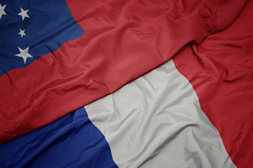 waving colorful flag of france and national flag of Samoa ,.