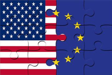 USA Flag And EU Flag Puzzle. USA European Union Partnership Concept