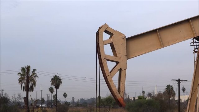 Industrial oil derrick pumping with palm trees in background