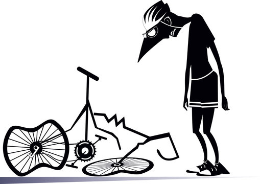 Cyclist and a broken bike isolated illustration. Sad cyclist standing near a broken bike with downcast head and hands black on white illustration