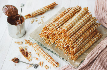 Thin, crispy waffles with boiled condensed milk for tea