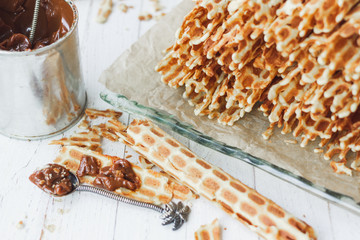Thin, crispy waffles with boiled condensed milk for tea