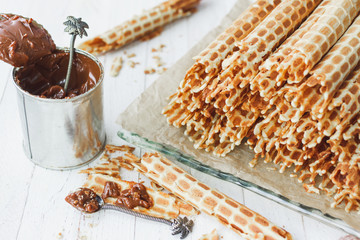 Thin, crispy waffles with boiled condensed milk for tea