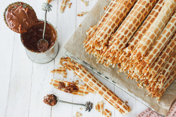 Thin, crispy waffles with boiled condensed milk for tea