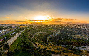 Fototapeta na wymiar Aerial view of sunset over Jerusalem the eternal city