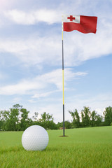 Obraz premium Tonga flag on golf course putting green with a ball near the hole