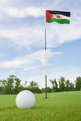 Obraz premium Western Sahara flag on golf course putting green with a ball near the hole
