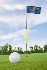 Obraz premium Oregon flag on golf course putting green with a ball near the hole