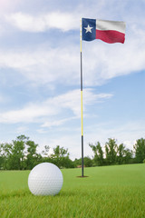 Obraz premium Texas flag on golf course putting green with a ball near the hole