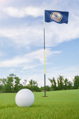 Obraz premium Virginia flag on golf course putting green with a ball near the hole