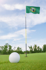 Obraz premium Washington flag on golf course putting green with a ball near the hole